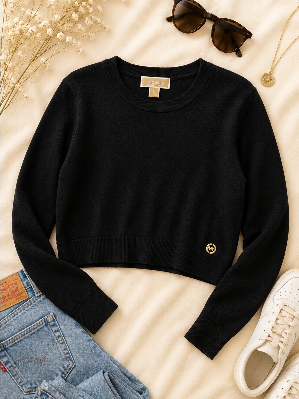 Michael Kors Black Cropped Sweater | Gold Logo | Size M